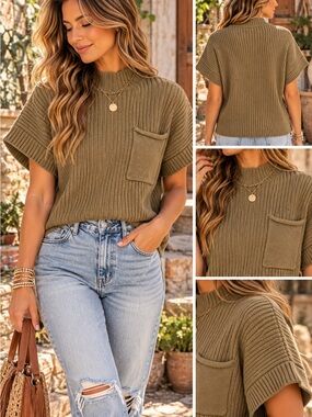 entro Olive Ribbed Short-Sleeve Pocket Sweater